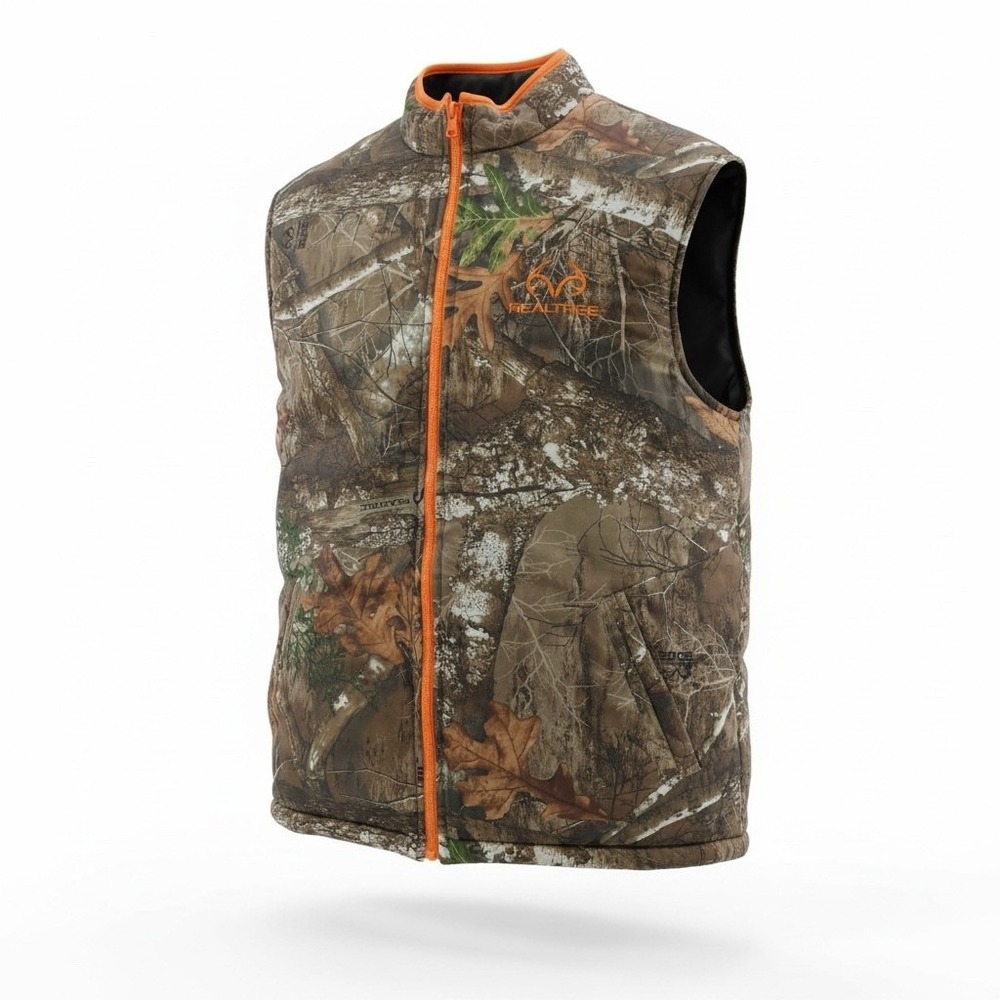 Realtree Edge Mens Camo Insulated Puffer Vest Orange Trim Size Medium Hunting